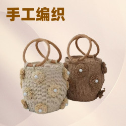 珍珠女士手工編織水桶圓形手環藍式文藝草編手提家