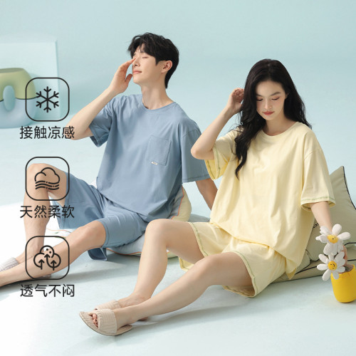 【冰瓷棉】夏季短袖帶胸墊女情侶睡衣純棉薄款男士家居服休閒套裝