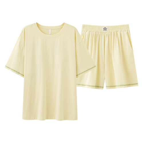 【冰瓷棉】夏季短袖帶胸墊女情侶睡衣純棉薄款男士家居服休閒套裝