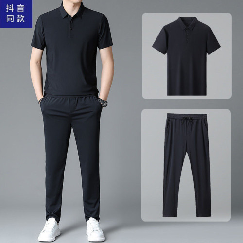 抖音同款男士夏季短袖運動套裝冰絲t恤套裝Polo抗皺免熨高彈力休