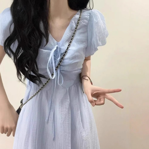 法式文藝系帶V領藍色泡泡袖連衣裙子小個子超仙女收腰顯瘦長裙子