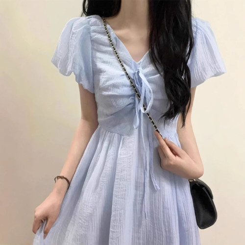 法式文藝系帶V領藍色泡泡袖連衣裙子小個子超仙女收腰顯瘦長裙子