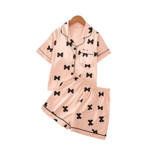 仿真絲兒童睡衣夏兒童家居服女童睡衣套裝蝴蝶結薄款色丁短袖睡衣