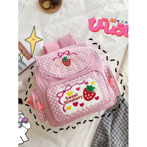 ins軟妹甜美淑女可愛刺綉水果草莓蕾絲雙肩包書包女生 ins軟妹甜美淑女可愛刺綉水果草莓蕾絲雙肩包書包女生