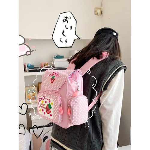 ins軟妹甜美淑女可愛刺綉水果草莓蕾絲雙肩包書包女生 ins軟妹甜美淑女可愛刺綉水果草莓蕾絲雙肩包書包女生