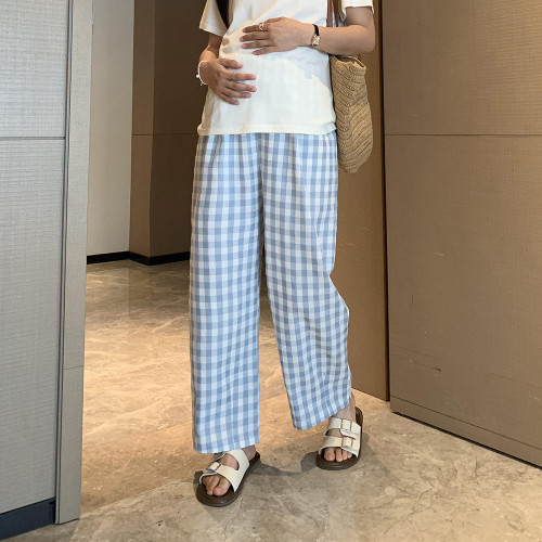 孕婦九分直筒格子褲夏季孕婦薄款褲子無托腹高腰孕婦褲