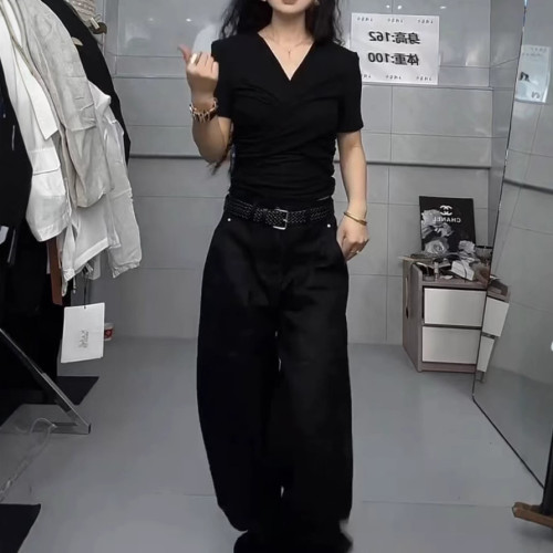 25223大愛美依緣2025夏季新款短袖洋氣修身褶皺T恤休閒濶腿褲女潮