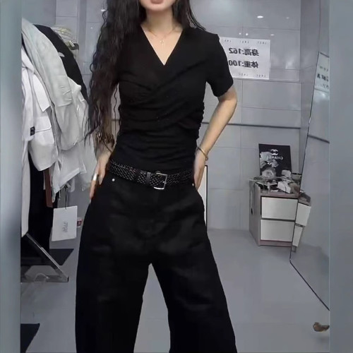 25223大愛美依緣2025夏季新款短袖洋氣修身褶皺T恤休閒濶腿褲女潮