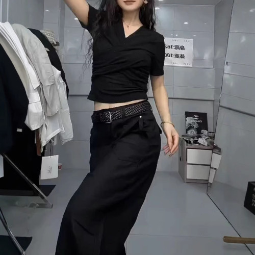 25223大愛美依緣2025夏季新款短袖洋氣修身褶皺T恤休閒濶腿褲女潮