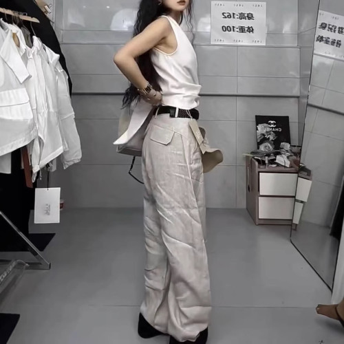 25217大愛美依緣2025夏季新款設計感扭結V領無袖上衣寬松濶腿褲女