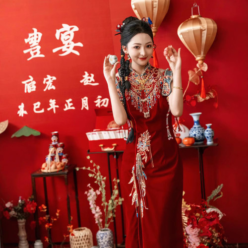 新中式旗袍訂婚服2025新款敬酒服新娘結婚禮服開叉露背小個子修身