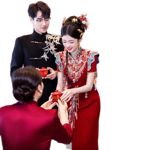 新中式旗袍訂婚服2025新款敬酒服新娘結婚禮服開叉露背小個子修身