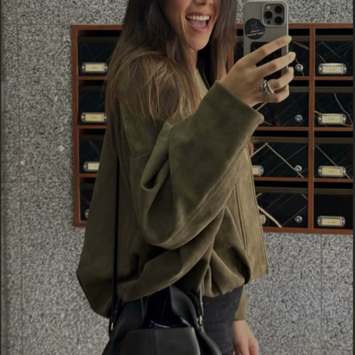 2025春季新品歐美女裝絨面質感翻領飛行員夾克外套w107 8824