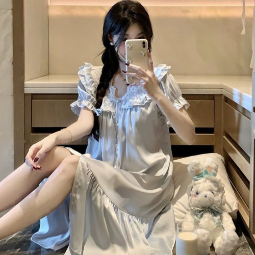 春夏季新款冰絲睡衣女法式睡裙高級感宮廷風短袖薄款家居服可外穿