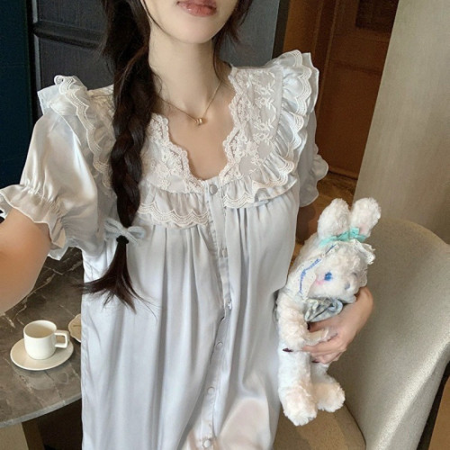 春夏季新款冰絲睡衣女法式睡裙高級感宮廷風短袖薄款家居服可外穿