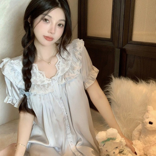 春夏季新款冰絲睡衣女法式睡裙高級感宮廷風短袖薄款家居服可外穿