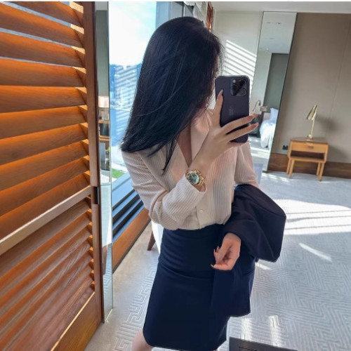 輕熟修身職場透氣舒適竪條紋顯瘦襯衫2025夏季新款襯衣女