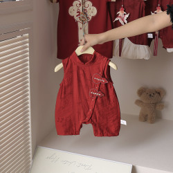 周嵗嬰兒衣服夏季薄款滿月百天寶寶紅色禮服哈衣抓周旗袍唐裝漢服