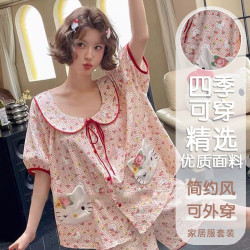2025年新款粉色點點睡衣家居服夏短袖短褲卡通娃娃領KT家居服套裝