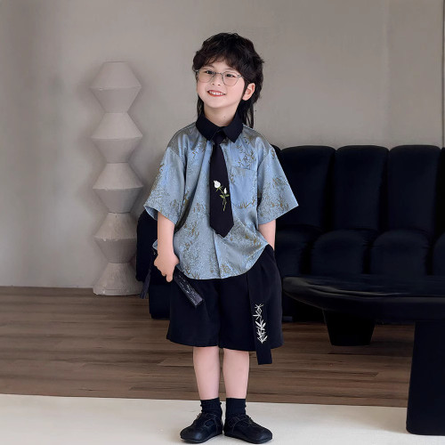 男童夏季套裝短袖襯衫韓版寬松寶寶時髦沙灘短褲套裝童裝