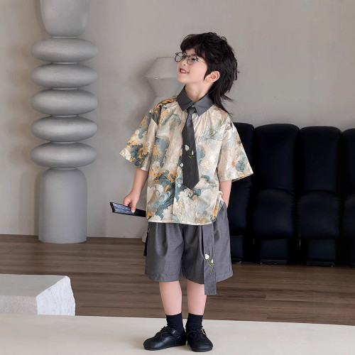 男童夏季套裝短袖襯衫韓版寬松寶寶時髦沙灘短褲套裝童裝