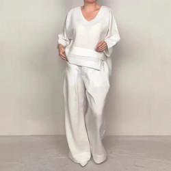 2025獨立站爆品女士時尚休閒純色大碼不規則棉麻套裝女