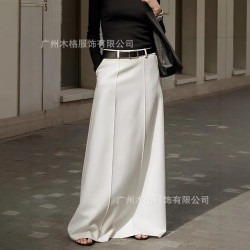 2025款歐美跨境新款女士時尚質感搖擺長裙高腰裙純色大擺半裙