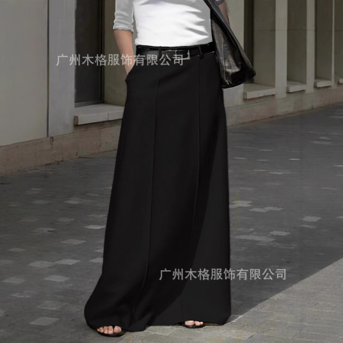 2025款歐美新款女士時尚質感搖擺長裙高腰裙純色大擺半裙