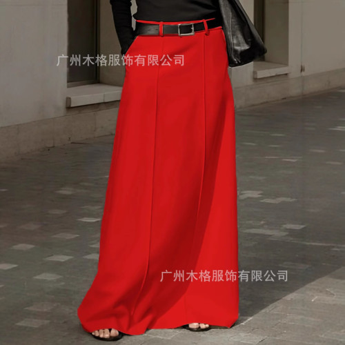 2025款歐美新款女士時尚質感搖擺長裙高腰裙純色大擺半裙