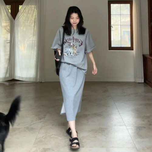 孕婦休閒半身裙套裝夏季時尚時髦短袖T恤上衣半身裙運動兩件套女