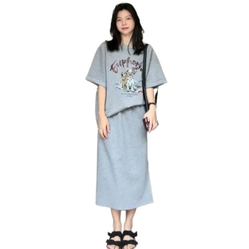 孕婦休閒半身裙套裝夏季時尚時髦短袖T恤上衣半身裙運動兩件套女