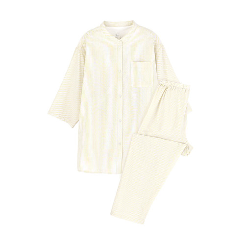 良品女式無側縫細棉紗七分袖睡衣 無印女士家居服純棉25年春季