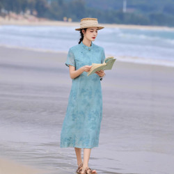 2025夏原創新款女裝 苧麻重工刺綉輕中式短袖連衣裙 立領旗袍