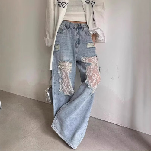 美式復古蕾絲拼接破洞牛仔褲女2025春夏新款慵懶風寬松濶腿長褲子
