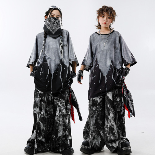 街舞兒童潮服男童黑灰廢土風嘻哈套裝hiphop女童酷帥六一表演服裝