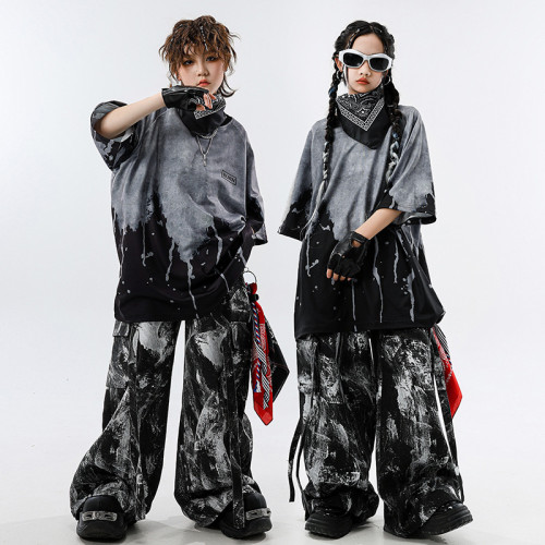 街舞兒童潮服男童黑灰廢土風嘻哈套裝hiphop女童酷帥六一表演服裝