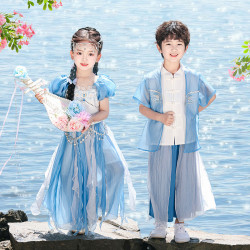 夏季異域風兒童演出服小學生六一新中式漢服紗裙男女童舞蹈表演服