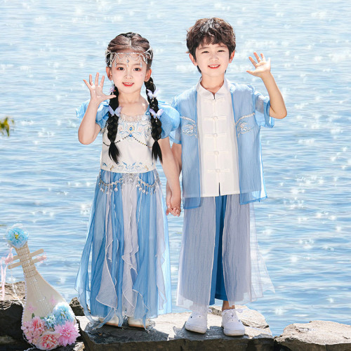 夏季異域風兒童演出服小學生六一新中式漢服紗裙男女童舞蹈表演服