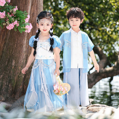 夏季異域風兒童演出服小學生六一新中式漢服紗裙男女童舞蹈表演服