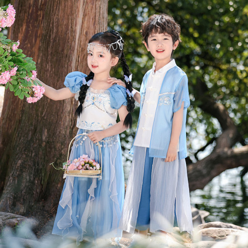 夏季異域風兒童演出服小學生六一新中式漢服紗裙男女童舞蹈表演服