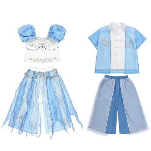 夏季異域風兒童演出服小學生六一新中式漢服紗裙男女童舞蹈表演服