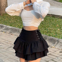 2025春夏新款辣妹性感修身側腰綁帶半身裙女時尚高腰百褶蓬蓬短裙