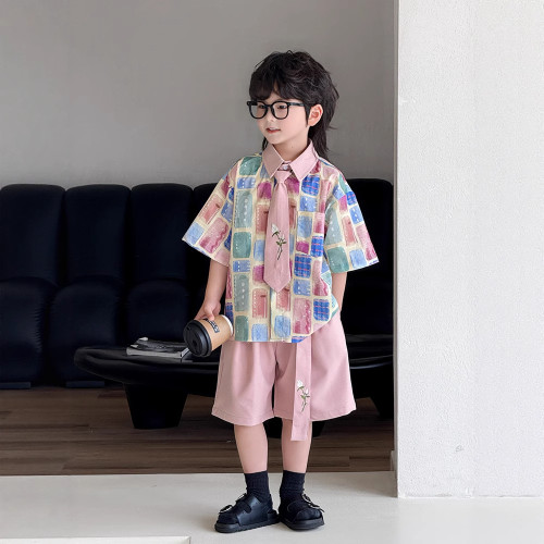 兒童套裝2025男童夏季新款度假風休閒多巴胺短袖襯衫潮
