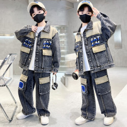 AA男童牛仔套裝春秋洋氣外套兒童時髦兩件套2025新款男孩韓版上衣