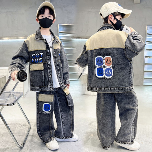 AA男童牛仔套裝春秋洋氣外套兒童時髦兩件套2025新款男孩韓版上衣