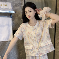 夏季純棉溫柔氣質睡衣女短袖長褲家居服可外穿休閒顯瘦碎花蕾絲