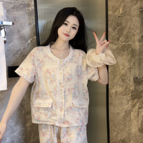 夏季純棉溫柔氣質睡衣女短袖長褲家居服可外穿休閒顯瘦碎花蕾絲