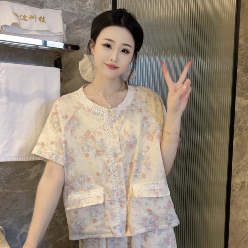 夏季純棉溫柔氣質睡衣女短袖長褲家居服可外穿休閒顯瘦碎花蕾絲