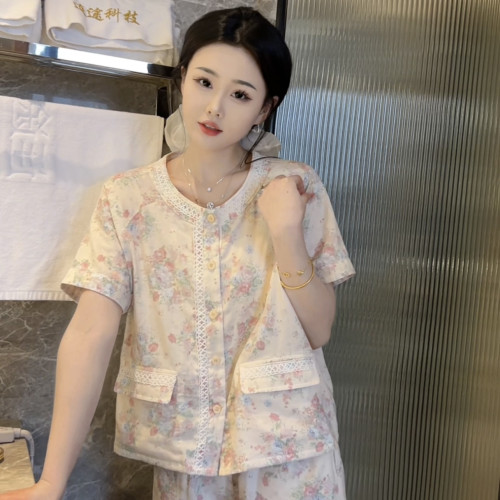 夏季純棉溫柔氣質睡衣女短袖長褲家居服可外穿休閒顯瘦碎花蕾絲