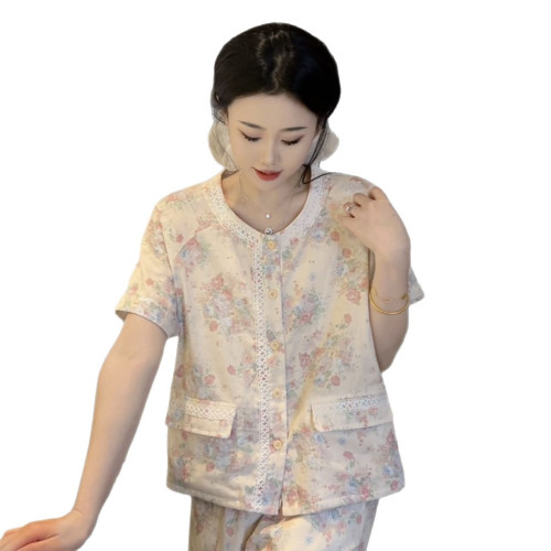 夏季純棉溫柔氣質睡衣女短袖長褲家居服可外穿休閒顯瘦碎花蕾絲